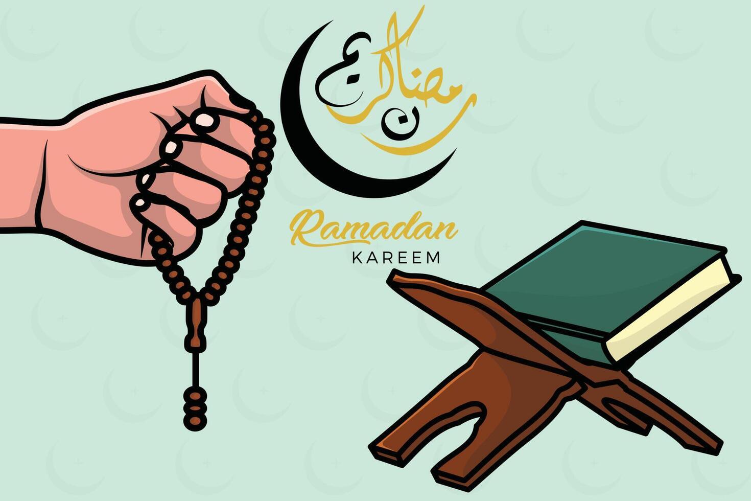 Hand Holding Chaplet of Beads and Ramadan Kareem calligraphy vector background illustration. Islamic holiday icon concept. Ramadan Kareem lantern lamp in background icon design.