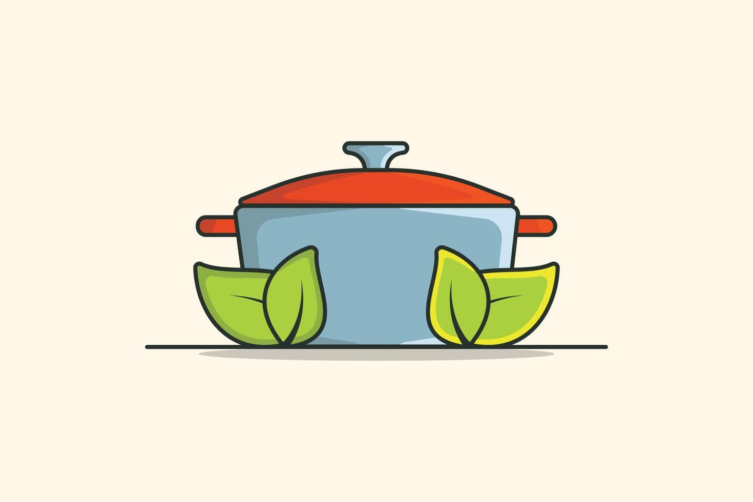 Casserole Dish Kitchen Cooking Pot with Green Leaves vector illustration. Kitchen appliance element icon concept. Pan with lid for dishes, kitchen, home cooking and leaves vector design with shadow.