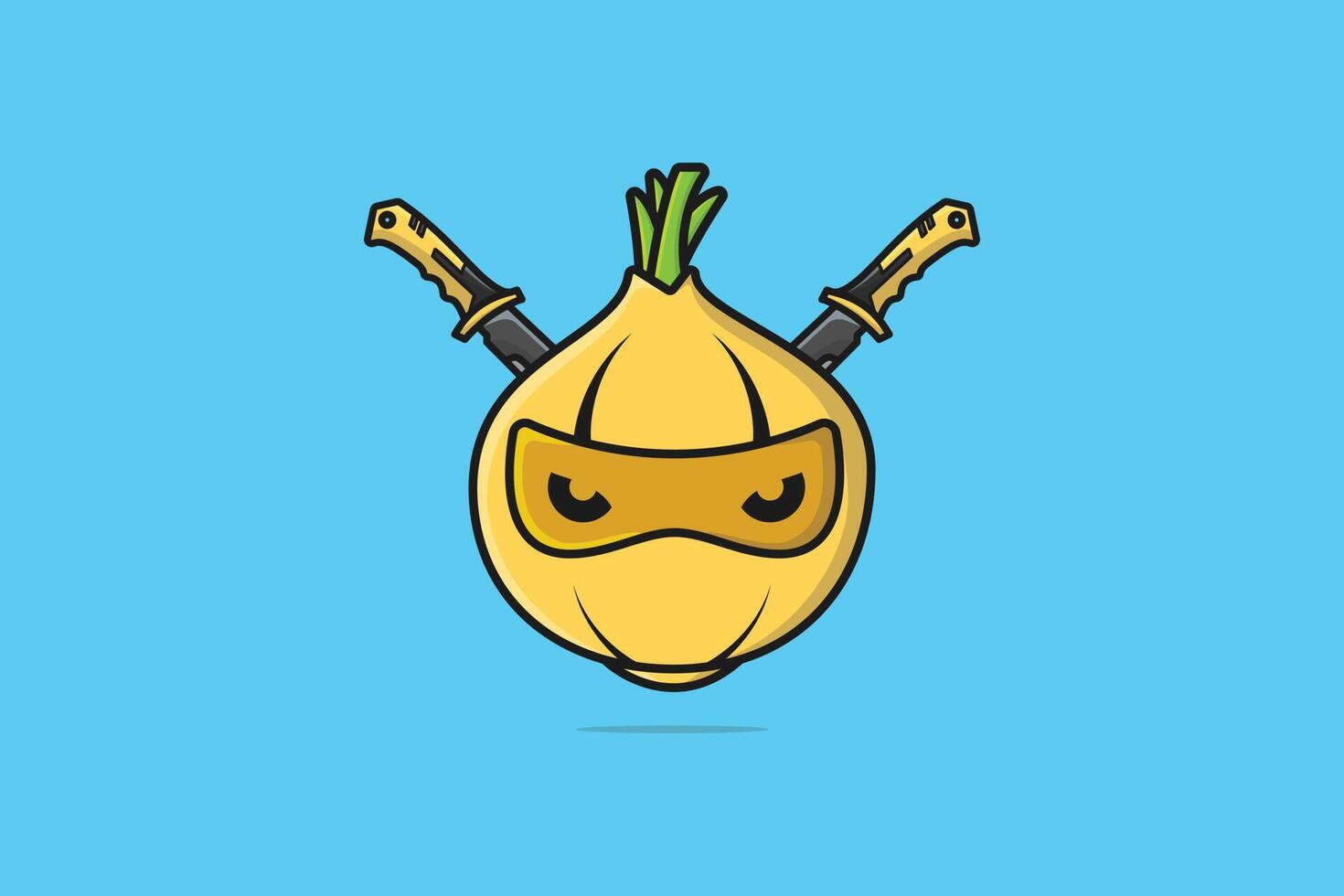 Onion Ninja with Swords vector illustration. Food nature icon concept. Onion ninja cartoon character vector design. Cooking fresh vegetable icon logo. Creative ninja onion logo icon.