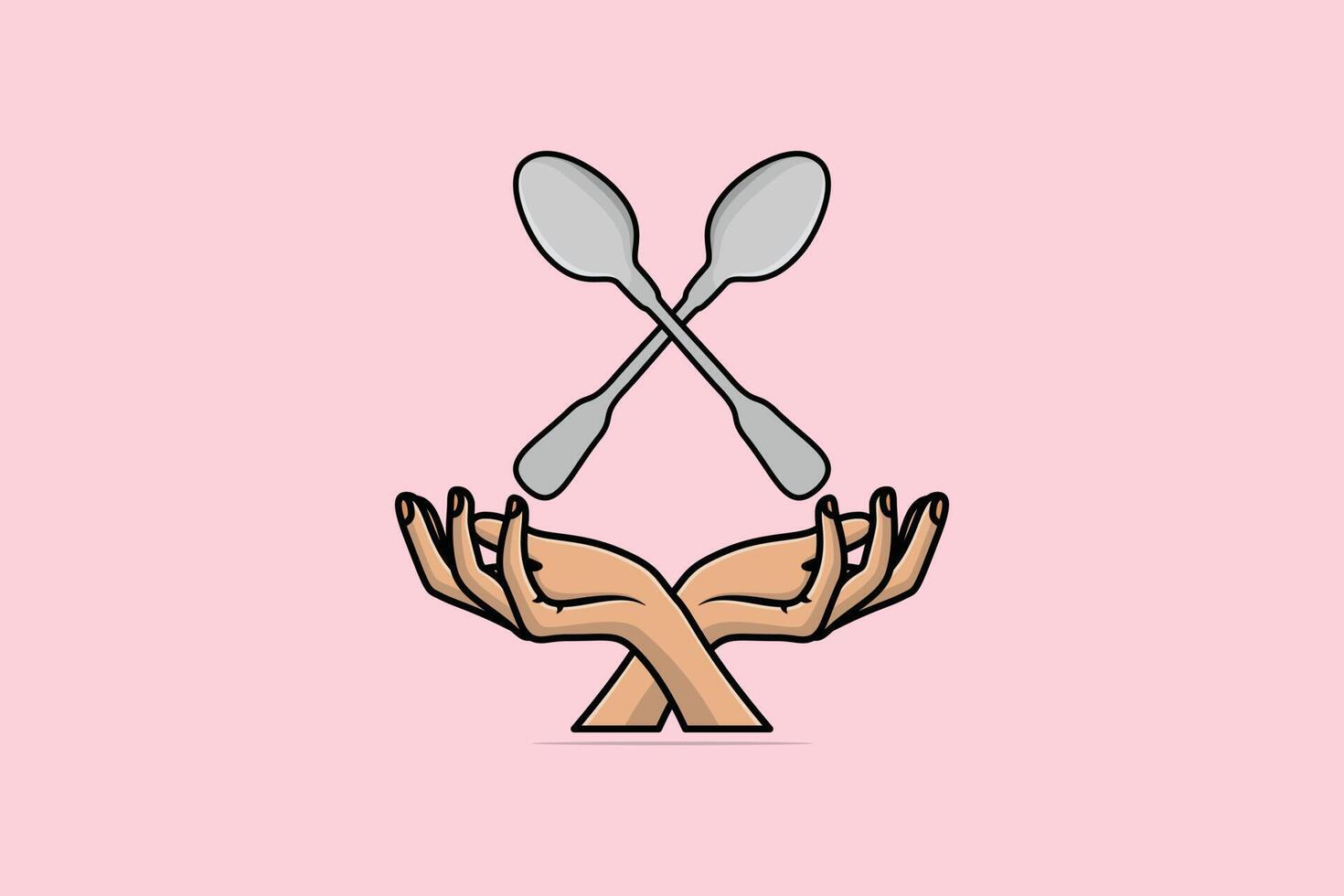 hands with Spoon vector illustration. Restaurant and Cafe objects icon concept. Crossed spoon and hands vector design. Kitchen spoon, Food object, Eating spoon, Restaurant objects, Home decoration.