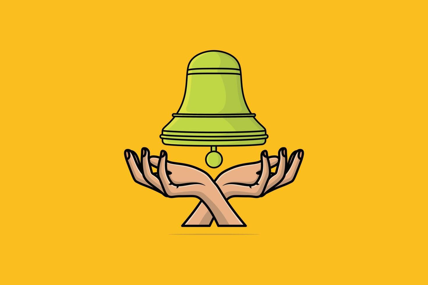 Green School Bell with People Hands vector illustration. Alert and alarm objects icon design concept. Isolated bell in hand on orange background. Creative hand bell icon logo.