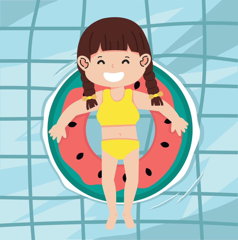 Cute kid girl relaxing on float at the pool vector