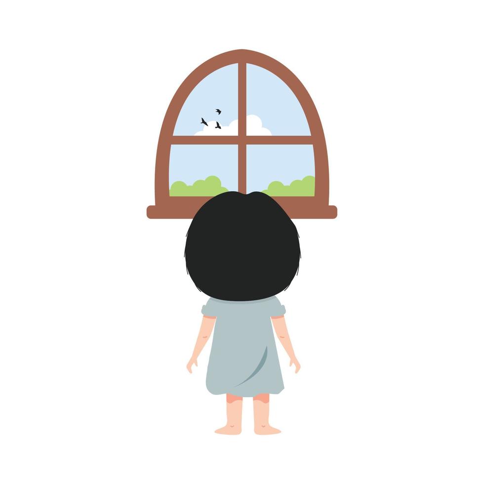 linda niña mirando fuera de el ventana dibujos animados vector