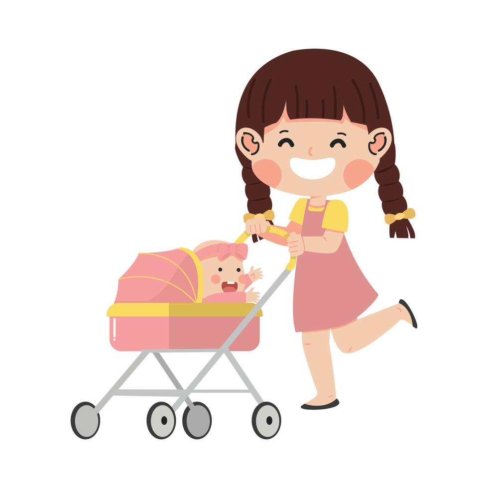 Young woman with the baby in wheeling strollers vector