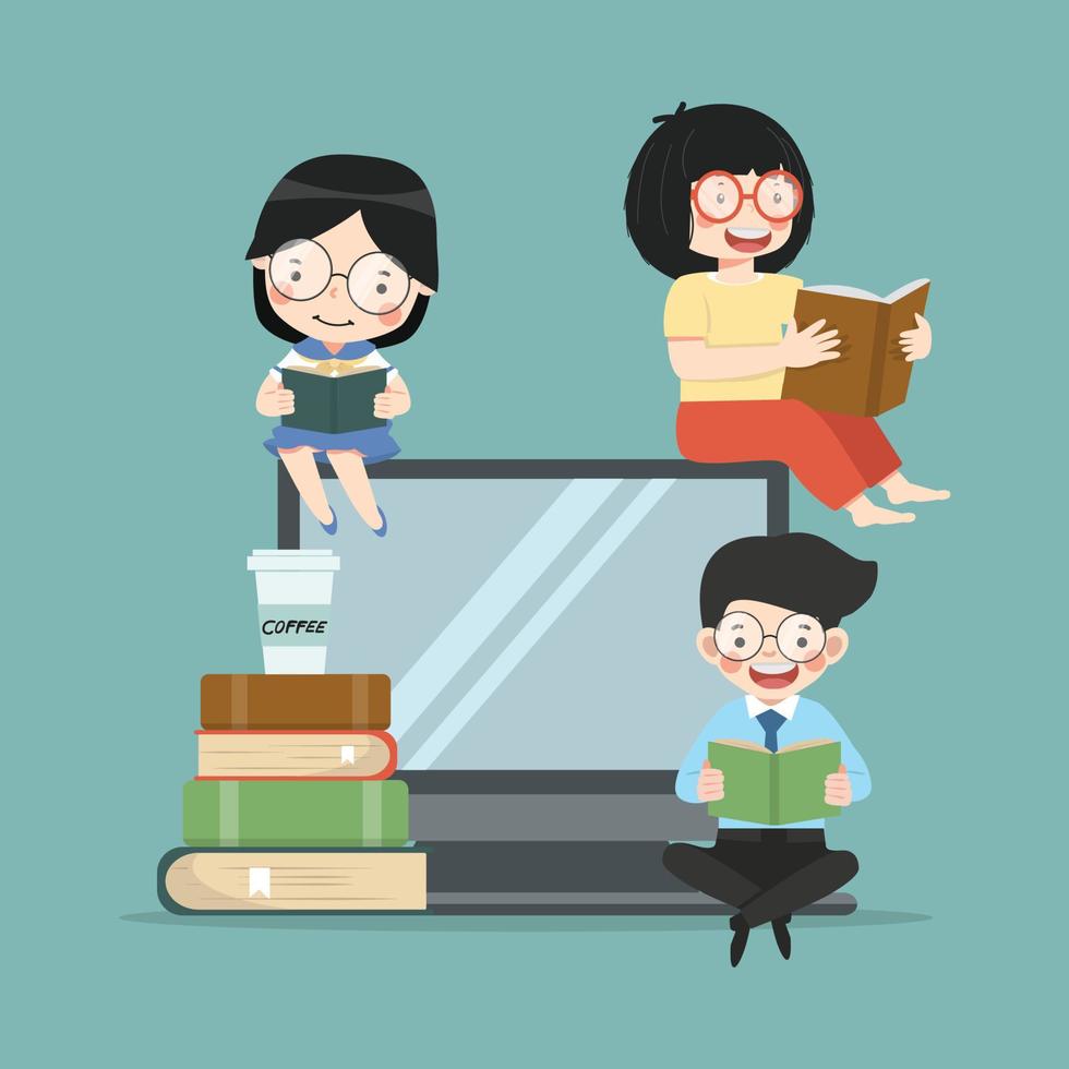 People reading book with computer cartoon vector