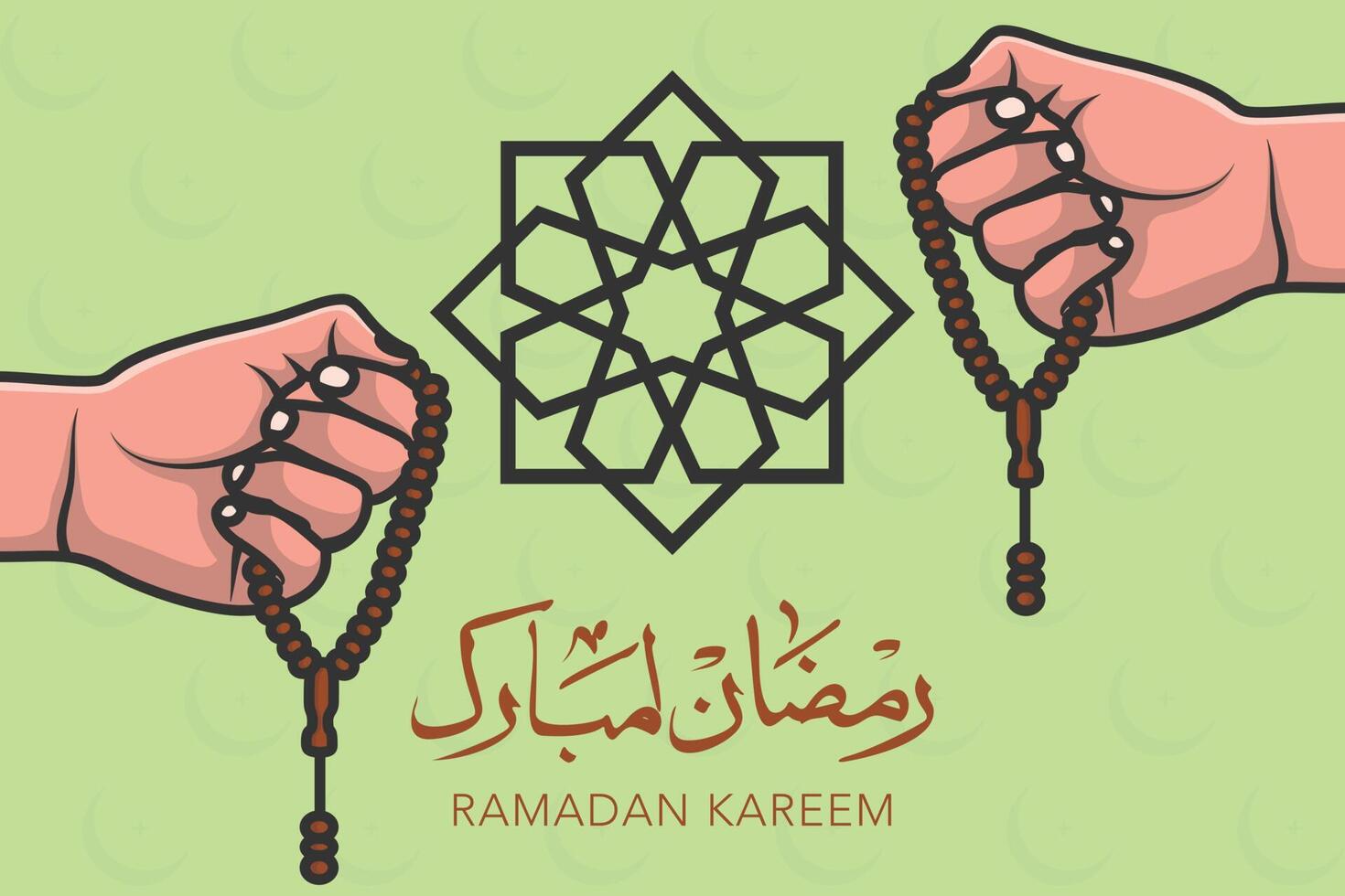 Hand Holding Chaplet of Beads and Ramadan Kareem calligraphy vector background illustration. Islamic holiday icon concept. Ramadan Kareem lantern lamp in background icon design.