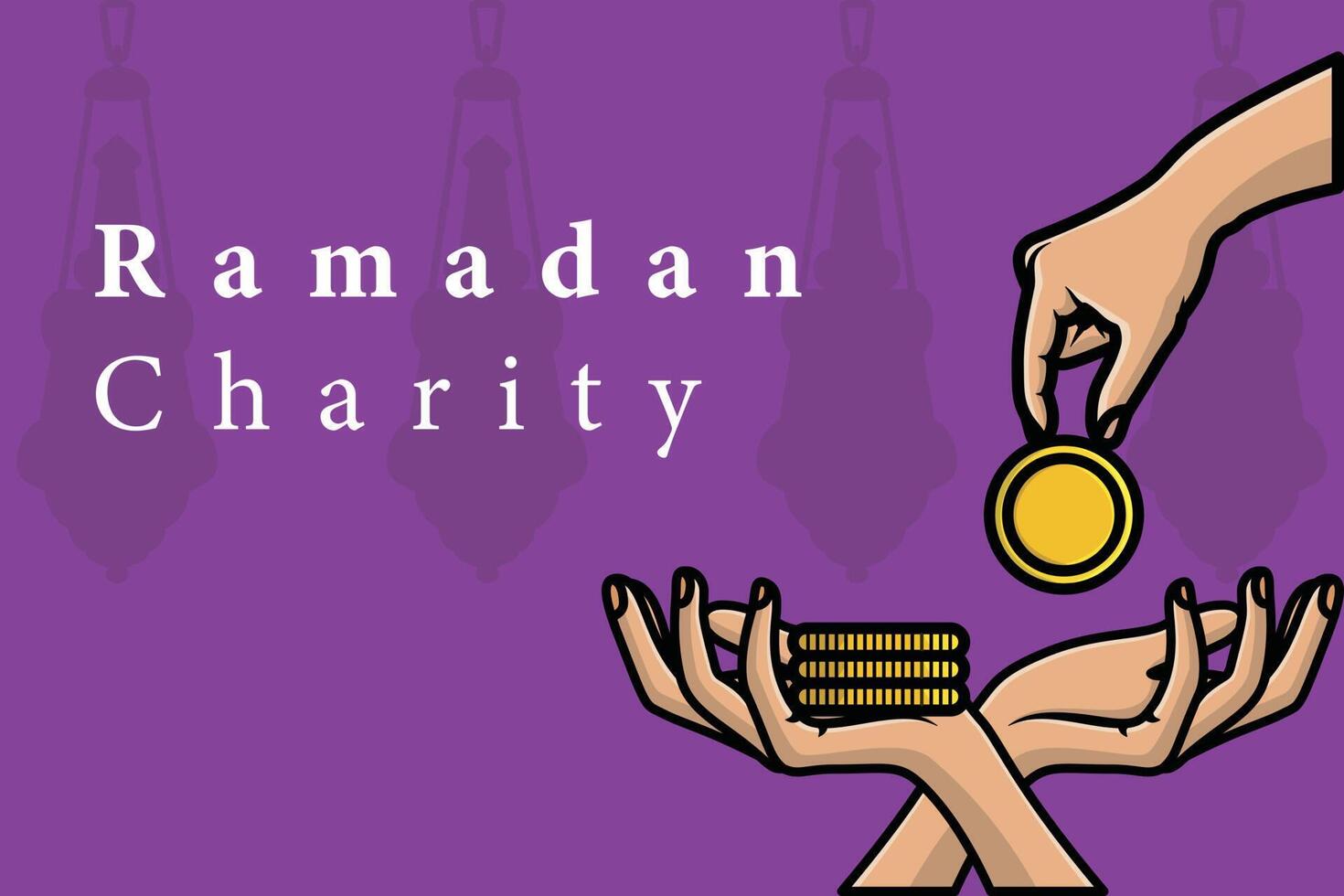 Muslim giving Ramadan Kareem Charity to poor people vector illustration. Islamic holiday icon concept.