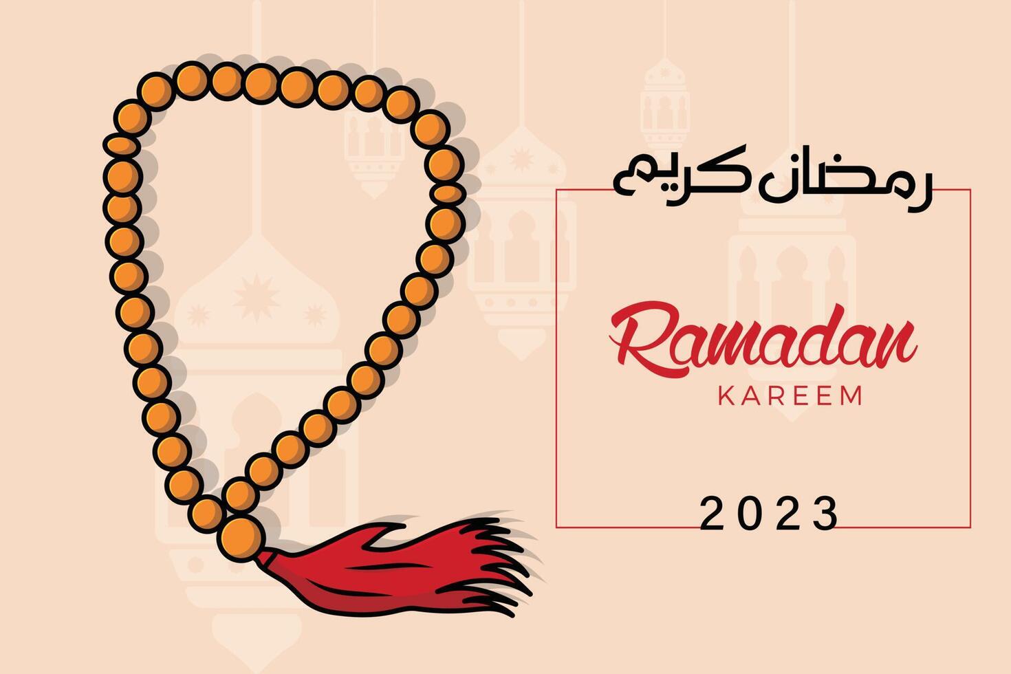 Hand Holding Chaplet of Beads and Ramadan Kareem calligraphy vector background illustration. Islamic holiday icon concept. Ramadan Kareem lantern lamp in background icon design.