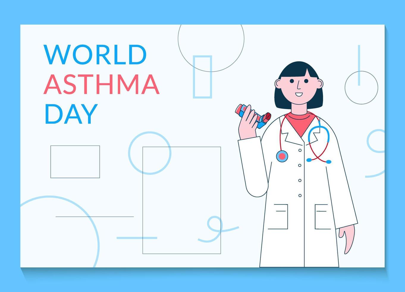 World Asthma Day banner template. Vector illustration of female doctor with inhalers on white background. Bronchial asthma awareness sign.