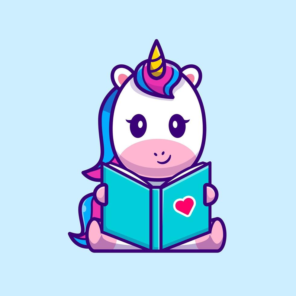 Cute Unicorn Reading Book Cartoon Vector Icon Illustration. Animal Education Icon Concept Isolated Premium Vector. Flat Cartoon Style