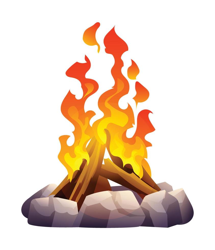Burning bonfire with wood and stones vector illustration
