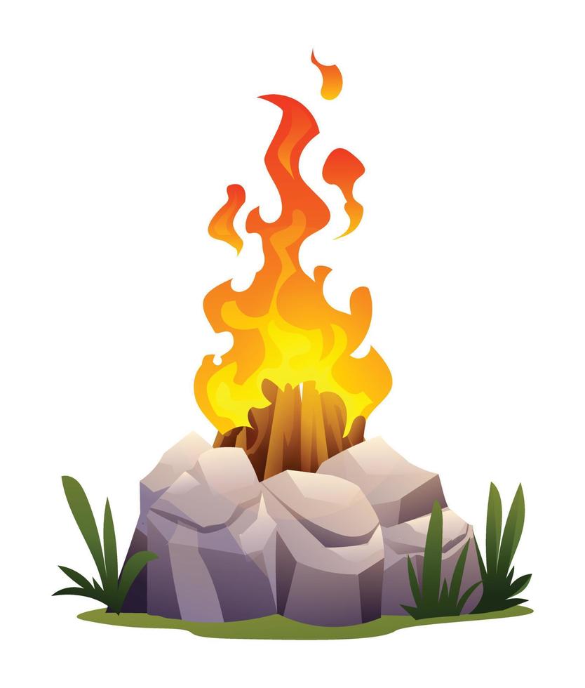 Burning bonfire with wood and stones in cartoon style vector