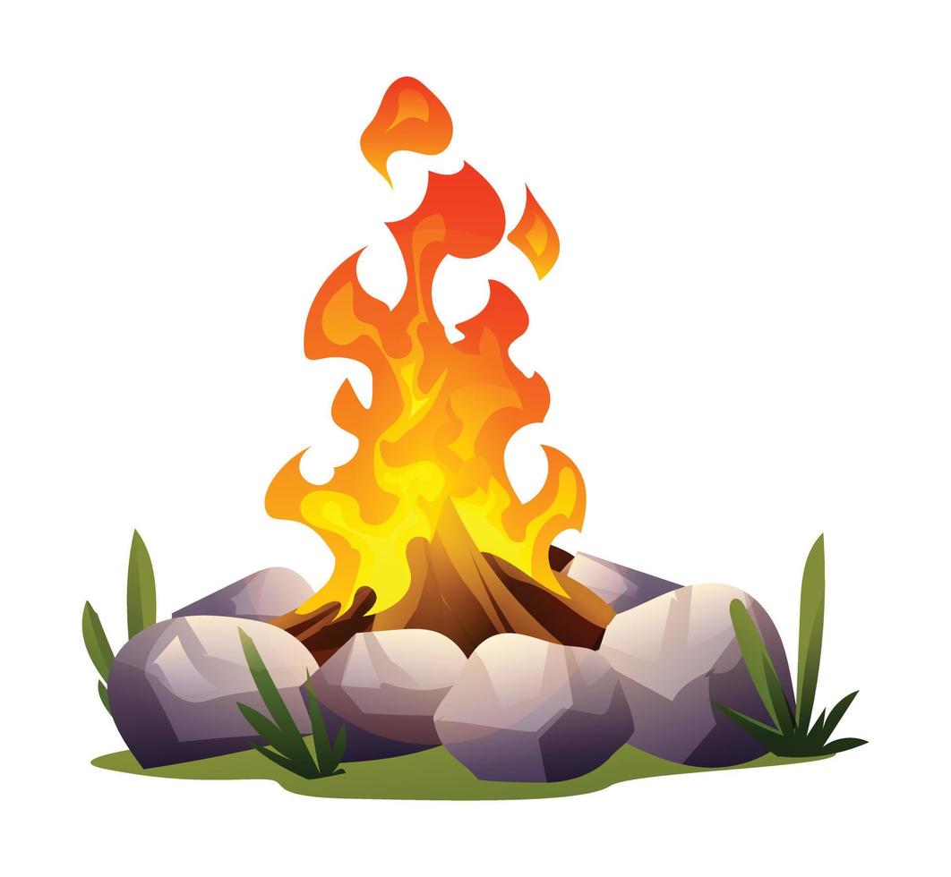 Burning bonfire with wood and stones vector cartoon illustration