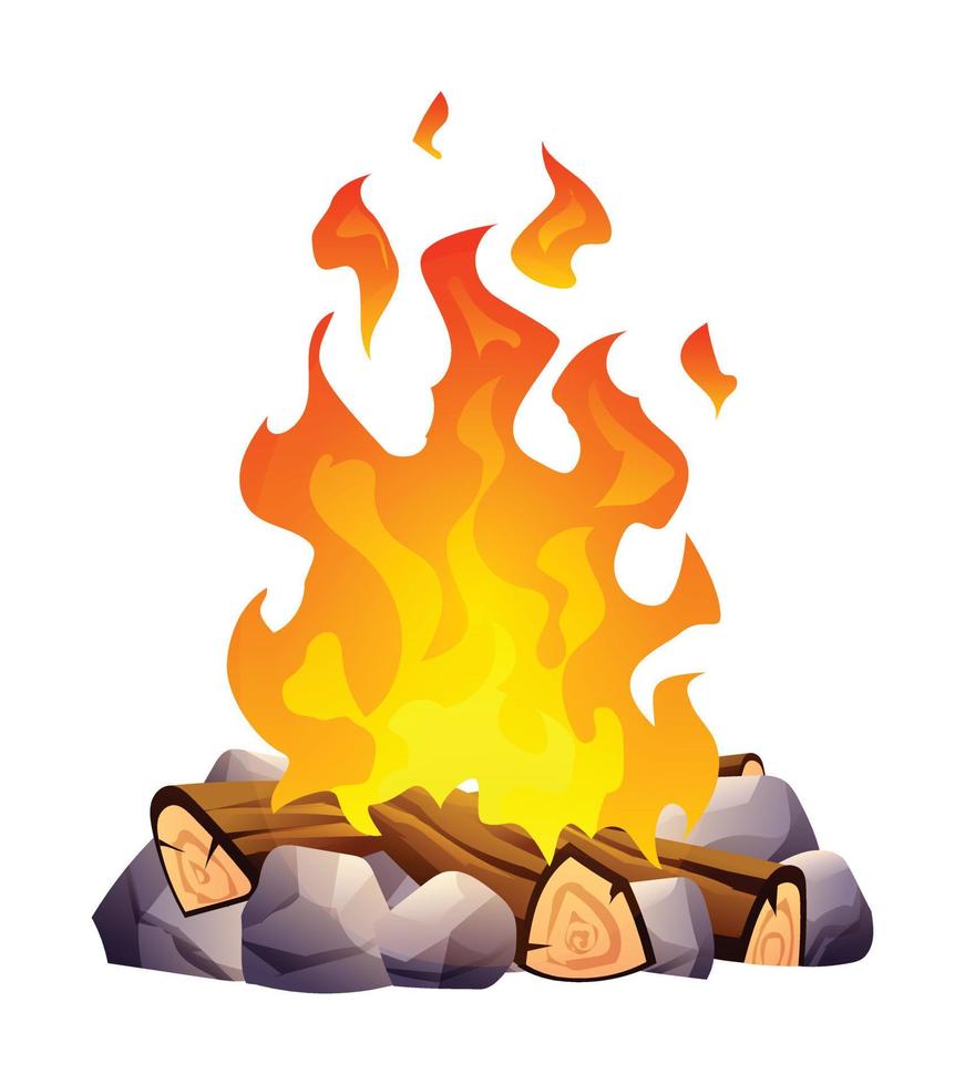 Burning bonfire with wood and stones. Firewood flames vector cartoon illustration