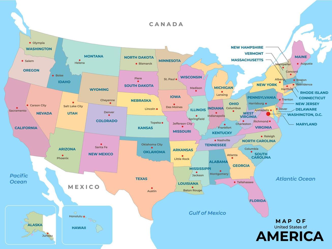 mapa de Estados Unidos con rodeando fronteras vector