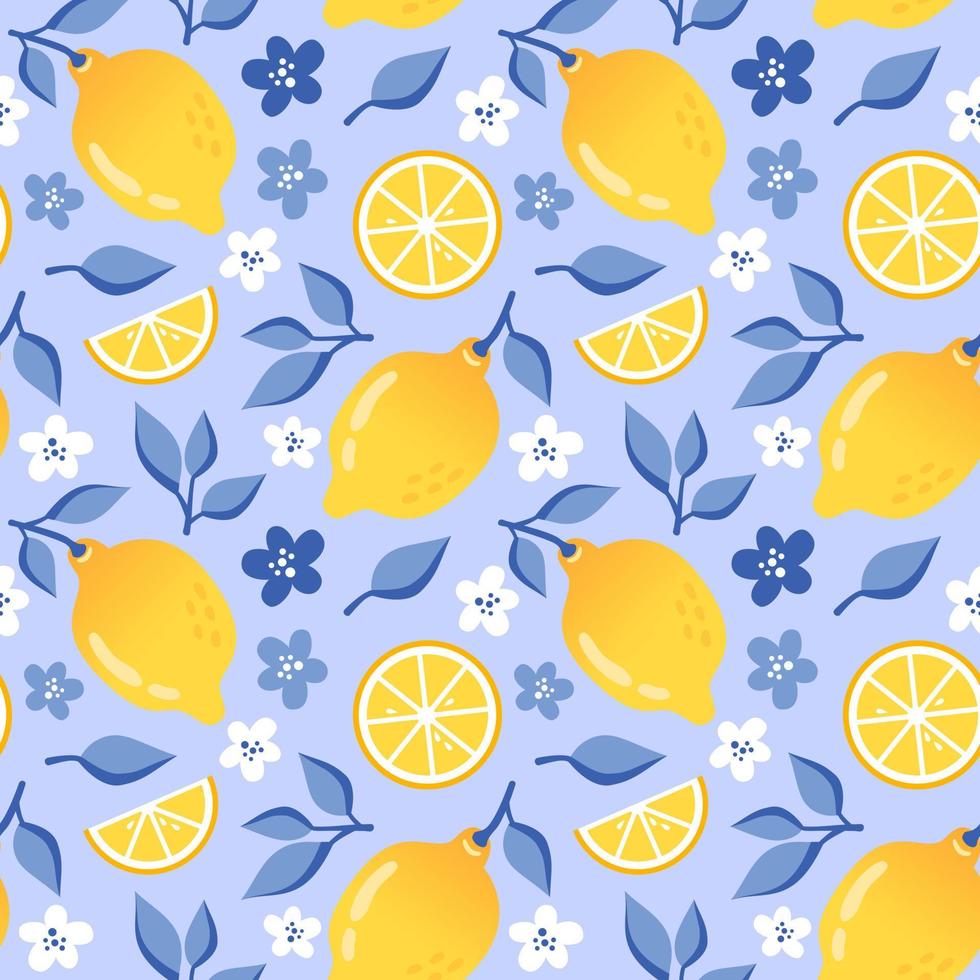 Summer seamless pattern with lemon, lemon slice, white flowers and dark blue leaves in flat style, blue background. Vector illustration