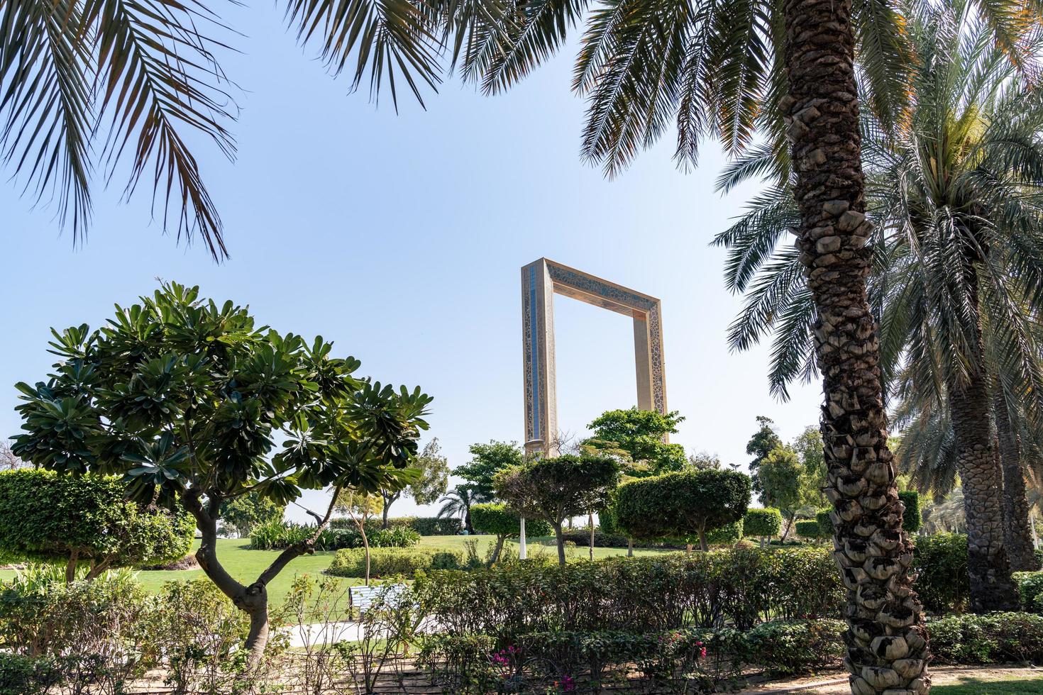 Dubai, United Arab Emirates - March 12, 2023-View of Dubai Frame while walking at Zabeel park during a sunny day photo