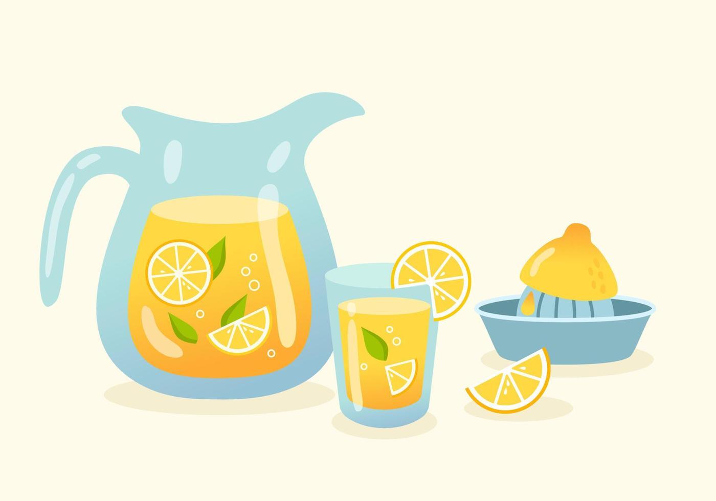 limonada jarra y vaso y exprimidor en plano estilo. vector ilustración