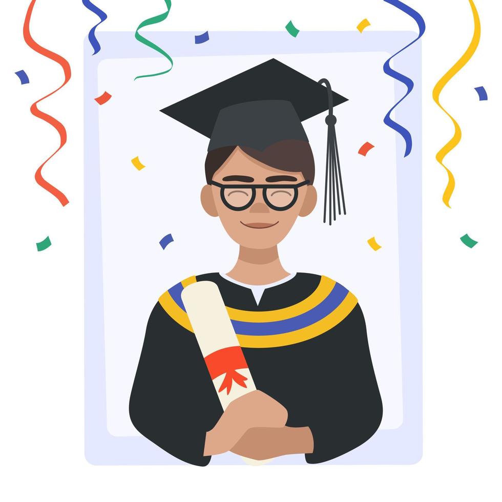 Student in a graduation gown and cap. Male student holds a diploma and celebrates graduation. Vector illustration in flat style.