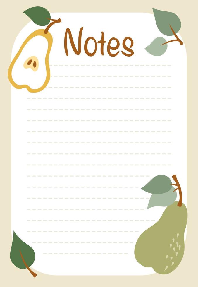 Daily planner, notes list decorated with pears and trendy lettering. Vector illustration