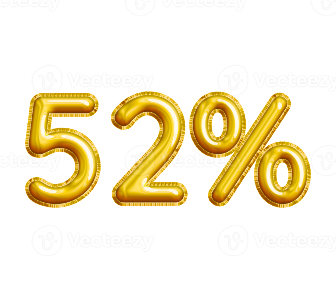 52 or Fifty-two Percent 3D Gold Balloon. You can use this asset for your content Marketing like as Promotion, Advertisement, Ads,  Banner, Flyer, Discount Card and anymore. png