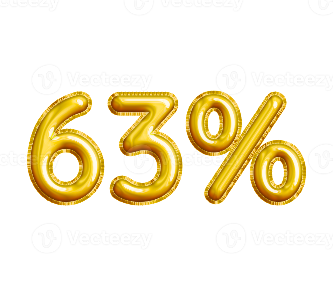 63 or Sixty-three Percent 3D Gold Balloon. You can use this asset for your content Marketing like as Promotion, Advertisement, Ads,  Banner, Flyer, Discount Card and anymore. png