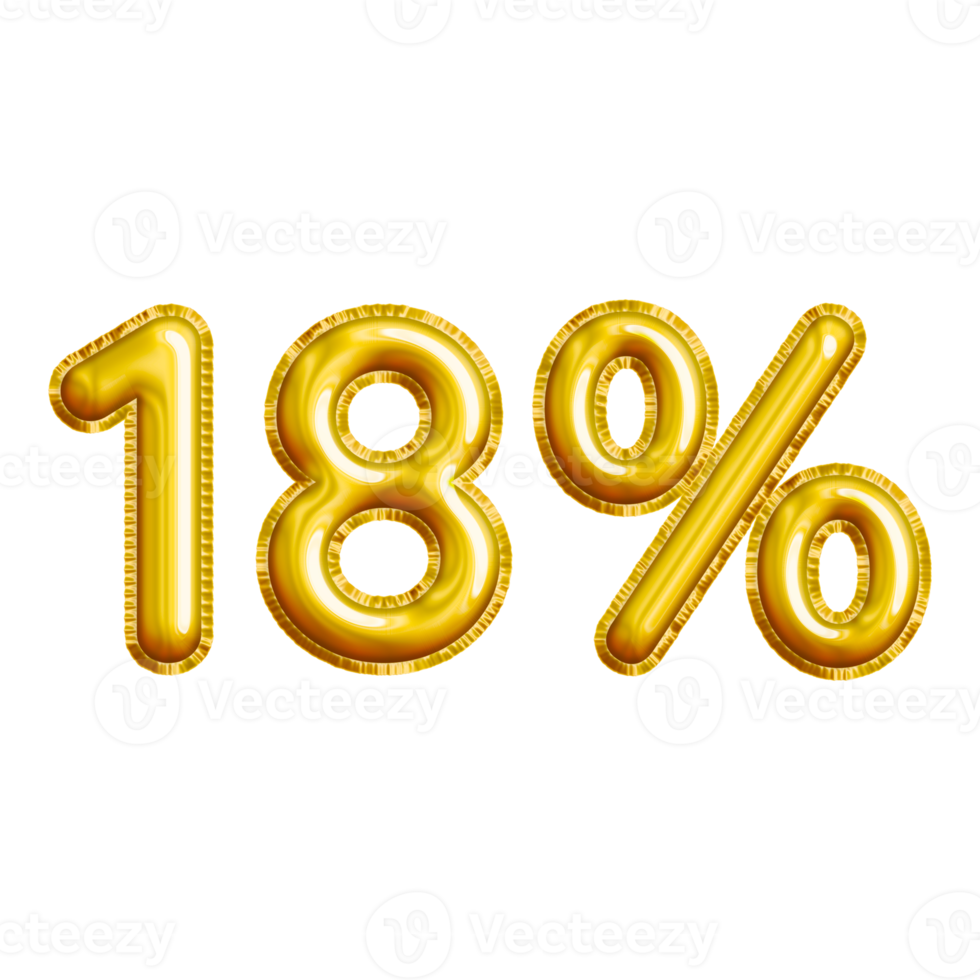 18 or Eighteen Percent 3D Gold Balloon. You can use this asset for your content Marketing like as Promotion, Advertisement, Ads,  Banner, Flyer, Discount Card and anymore. png