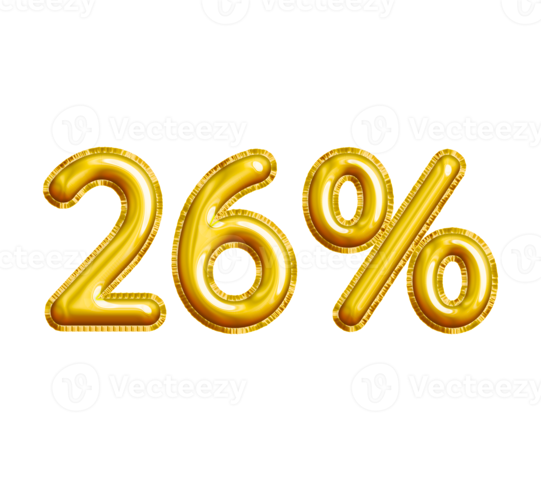 26 or Twenty-six Percent 3D Gold Balloon. You can use this asset for your content Marketing like as Promotion, Advertisement, Ads,  Banner, Flyer, Discount Card and anymore. png