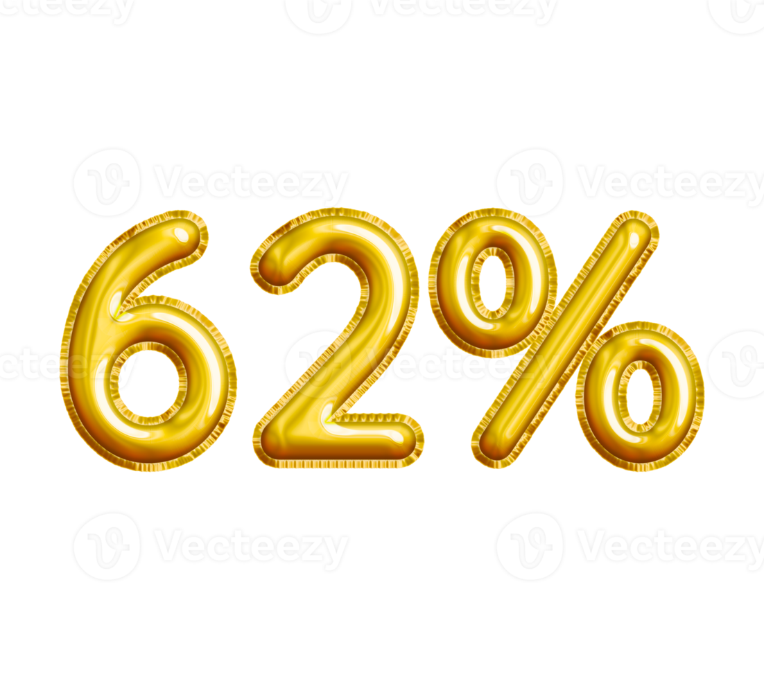 62 or Sixty-two Percent 3D Gold Balloon. You can use this asset for your content Marketing like as Promotion, Advertisement, Ads,  Banner, Flyer, Discount Card and anymore. png