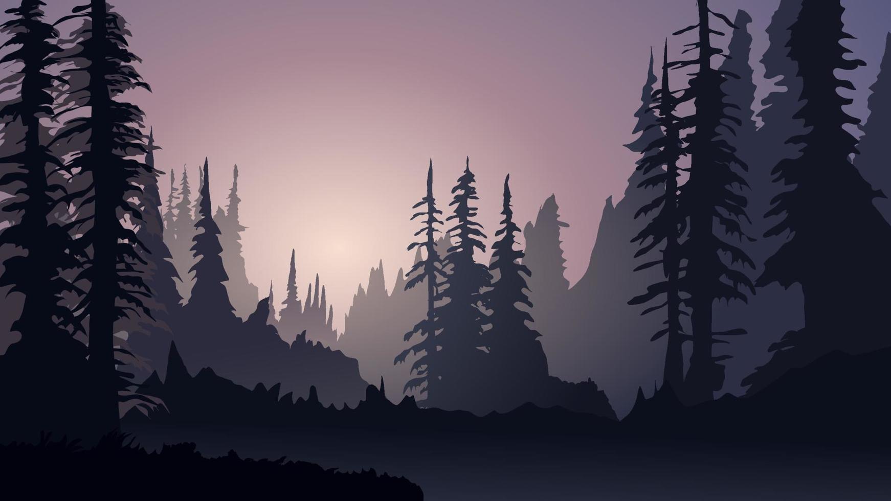 Foggy calm forest landscape. Vector nature background