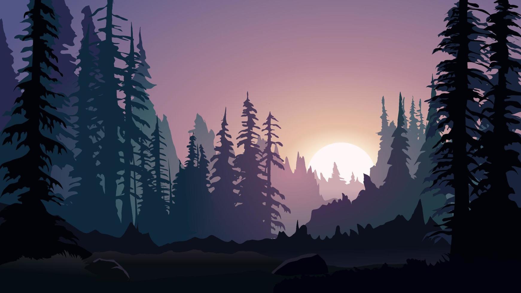 Foggy sunrise in beautiful forest. Vector landscape illustration
