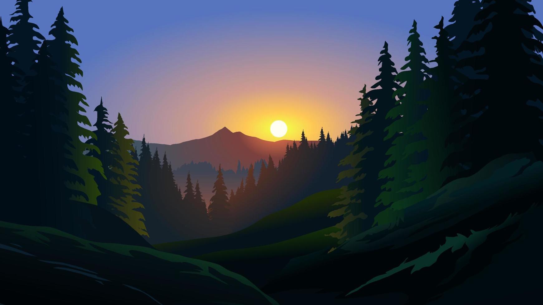 Scenic sunset over pine forest with mountain in the distance vector