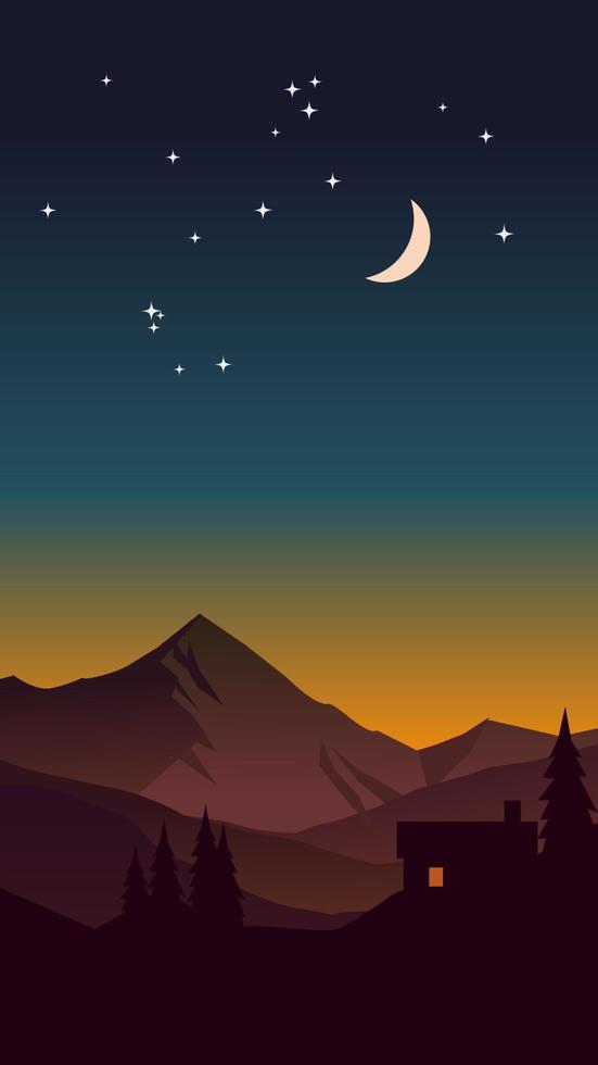 Flat vector night landscape wallpaper with mountain and cabin