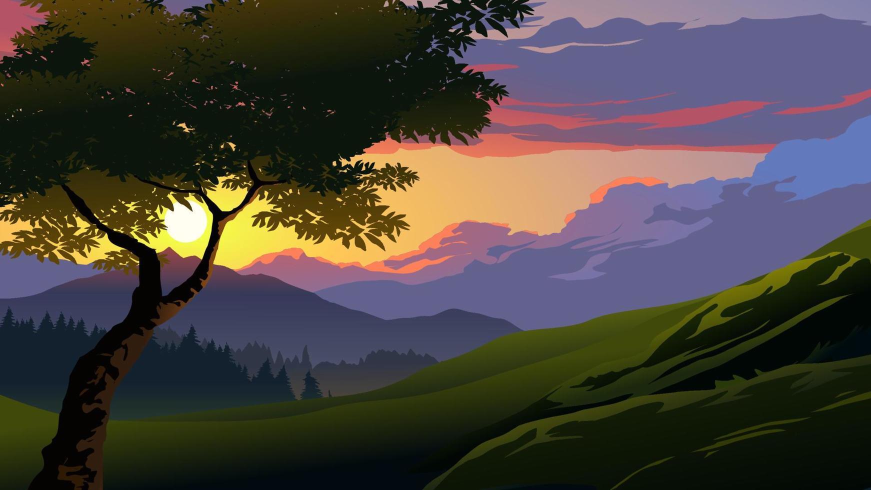 vector ilustración de hermosa montaña puesta de sol paisaje con un árbol y prado