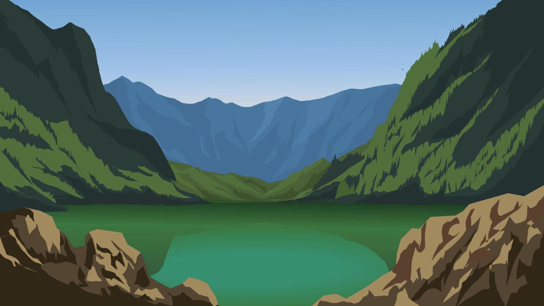 Vector landscape illustration of mountain with lake and rocks