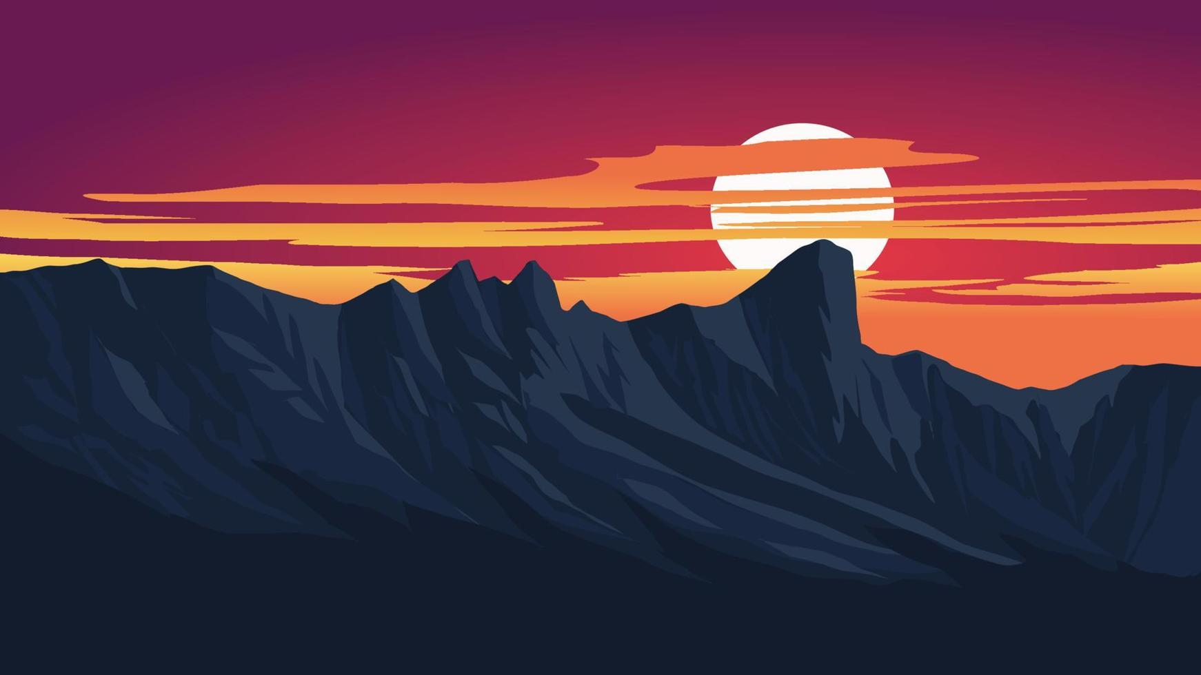 Mountain sunset flat landscape background with red sky vector