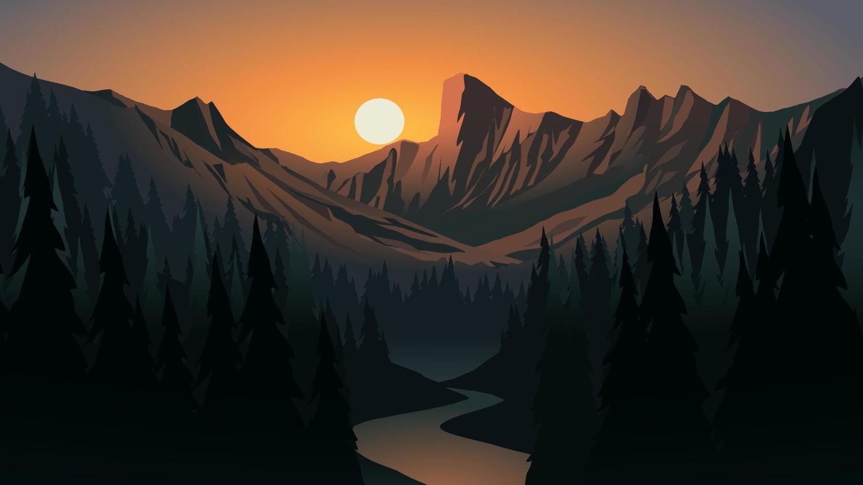 Vector beautiful mountain and forest scenery with river