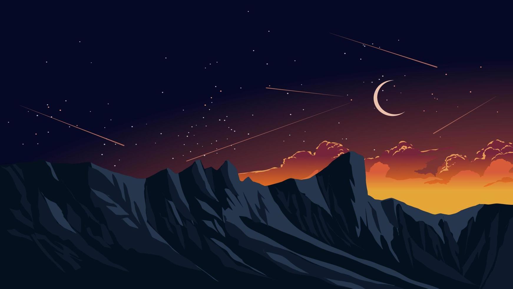 Mountain fantasy night landscape illustration background with moon and stars vector