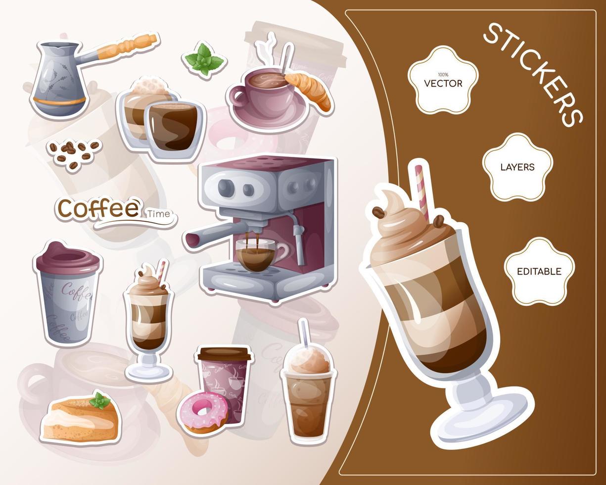 Cartoon sticker pack. Stickers coffee time, coffee break, coffee, coffee cup, coffee beans, coffee mug and coffee machine vector