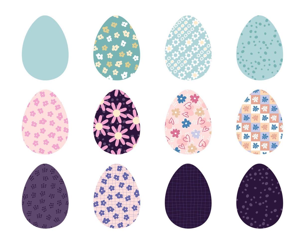 Easter eggs floral collection in 1970 retro style. Perfect for stickers, cards, print. vector