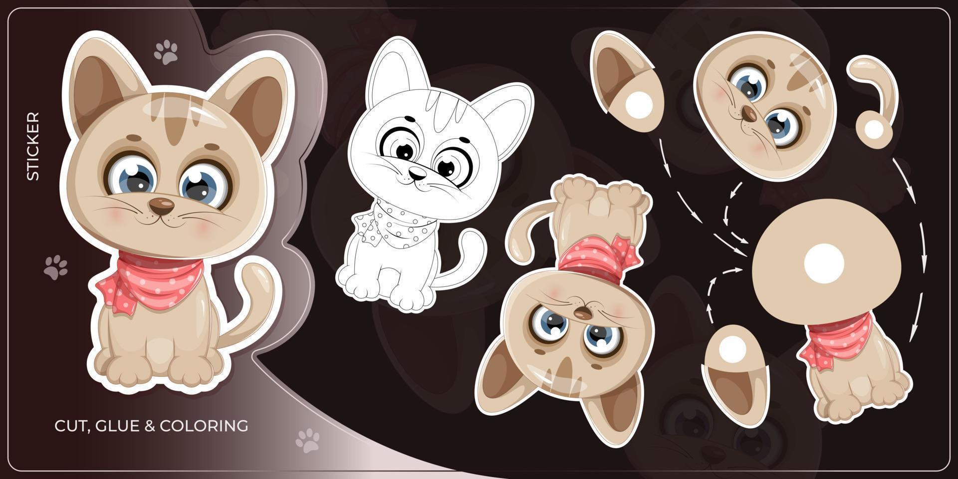 Kids game with cute kitten, cut and glue, coloring kitten vector
