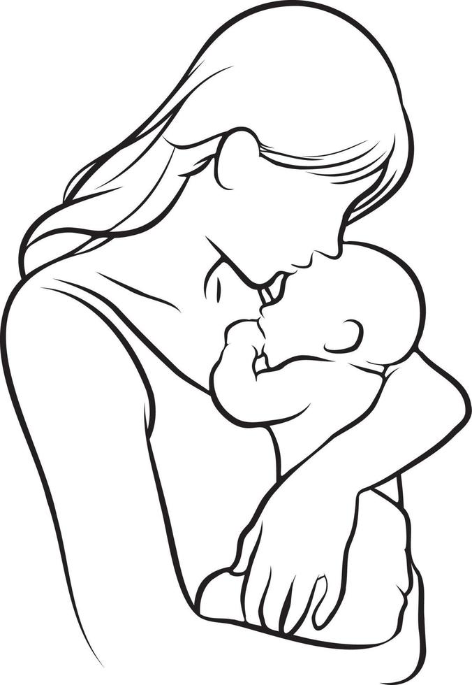 Mother and Kid Line Drawing. vector