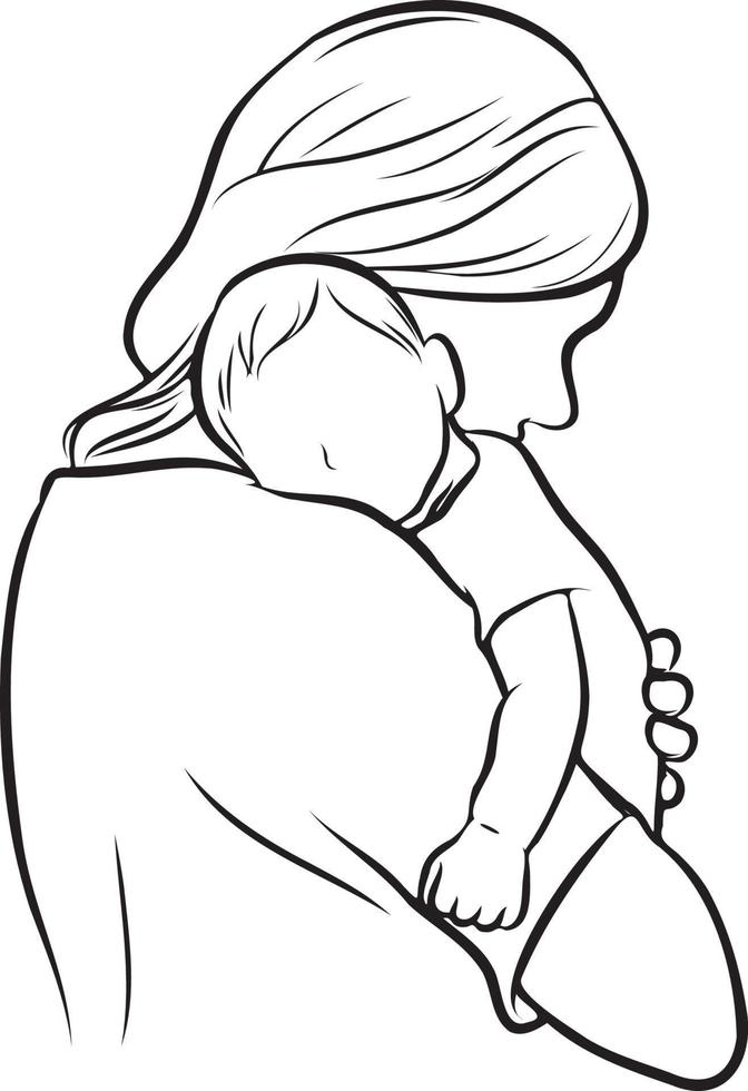 Mother and Kid Line Drawing. vector