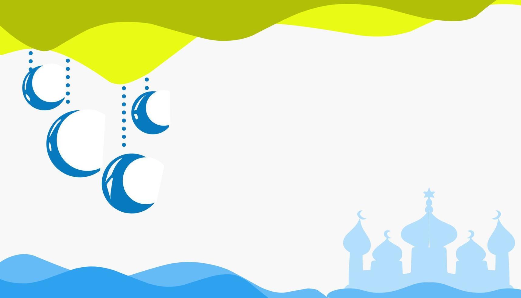 Background Illustration on the theme of Ramadan and Eid al-Fitr and Eid al-Adha, with images of a blue mosque, crescent moon, blue and yellow waves vector