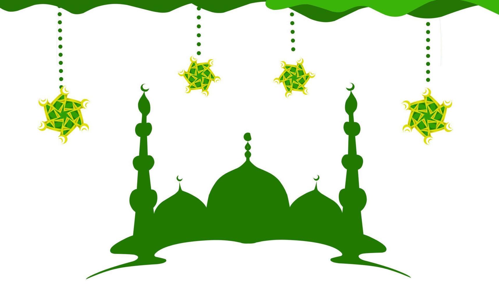 Background Illustration of the theme of Ramadan and Eid al-Fitr and Eid al-Adha, with a green mosque and hanging lanterns vector