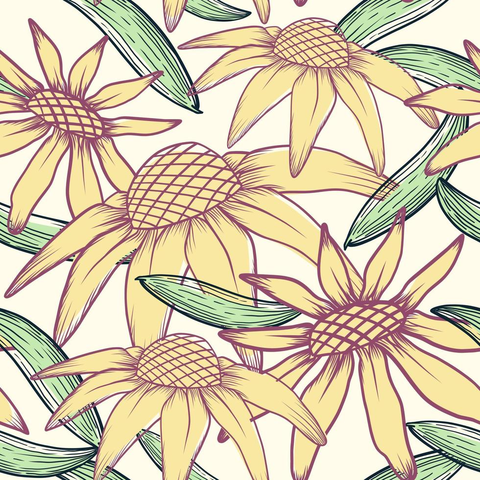 Hand drawn sketch flower seamless pattern. line art flower background. vector