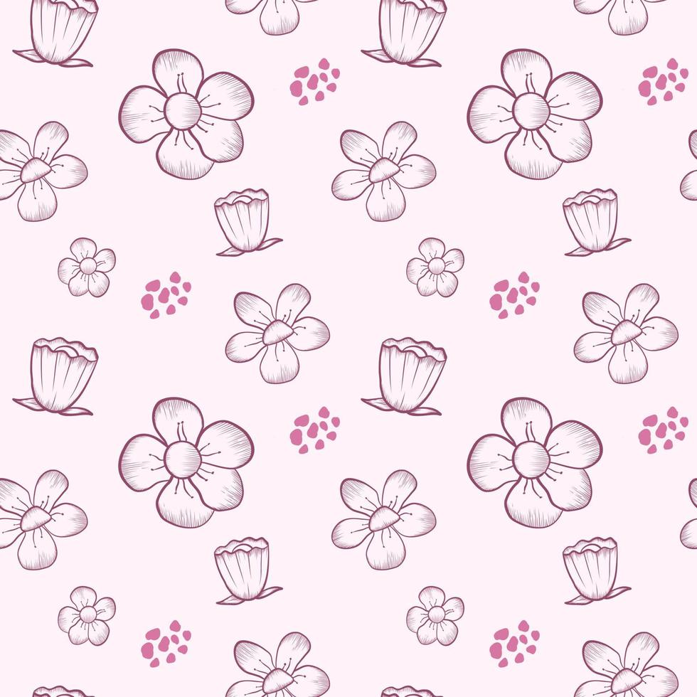 Hand drawn sketch flower seamless pattern. line art flower background. vector