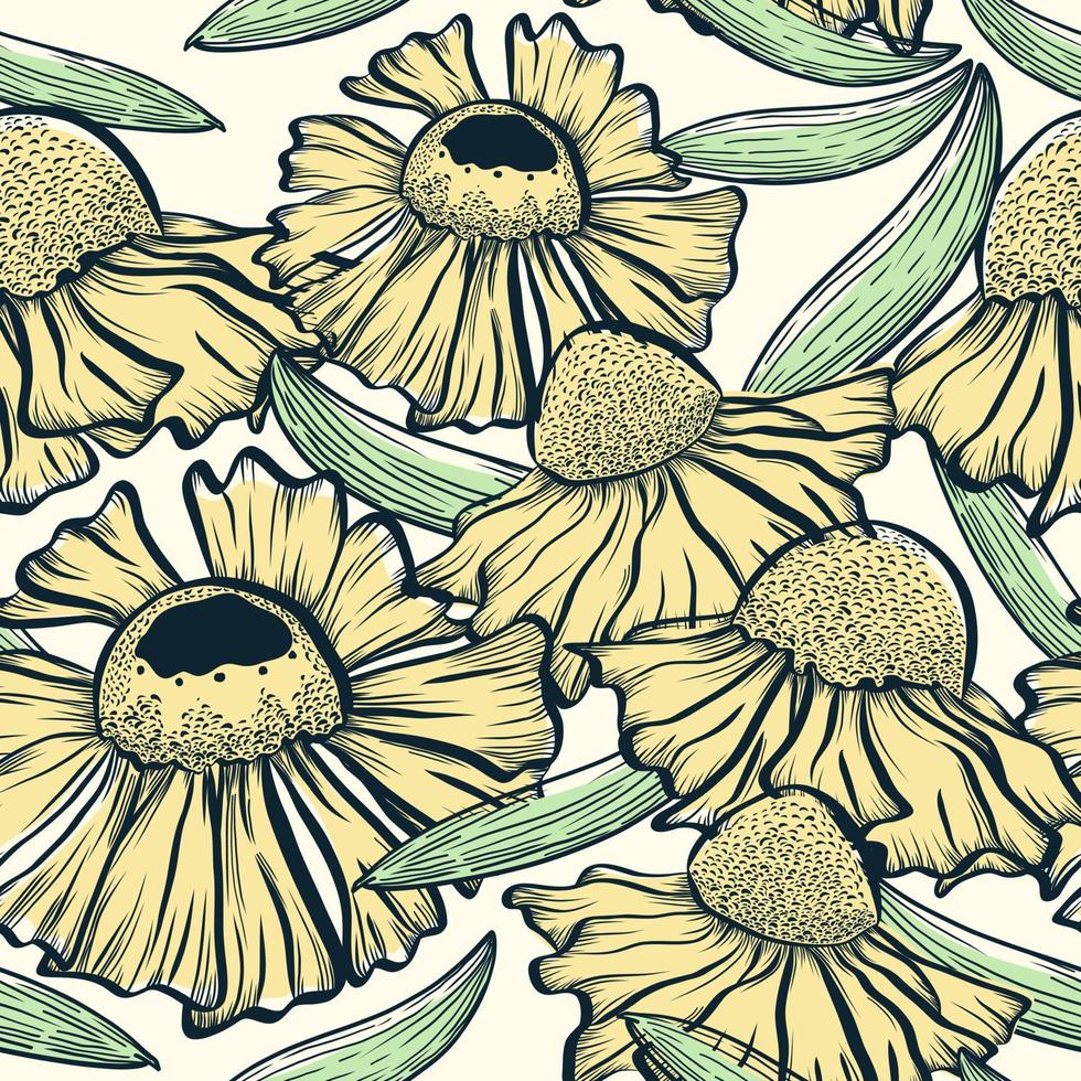 Hand drawn sketch flower seamless pattern. line art flower background. vector