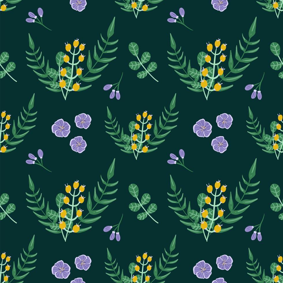 Floral seamless pattern with leaf, berries and purple flowers ornament on dark green color background vector