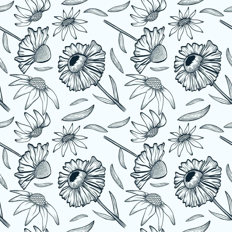 Hand drawn sketch flower seamless pattern. line art flower background. vector